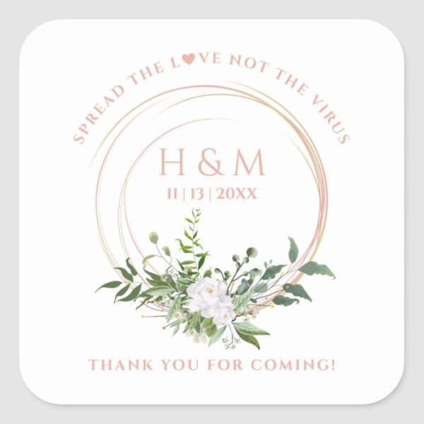 Custom Floral Garland White Pink Wedding Sanitizer Square Sticker