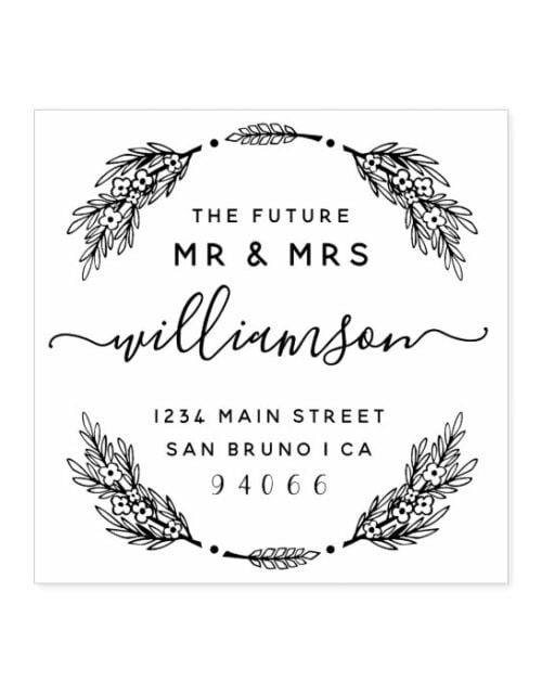 Custom Floral Wreath Future Mr & Mrs Return Addres Rubber Stamp