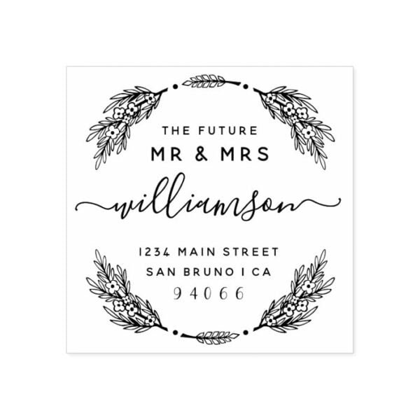 Custom Floral Wreath Future Mr & Mrs Return Addres Rubber Stamp