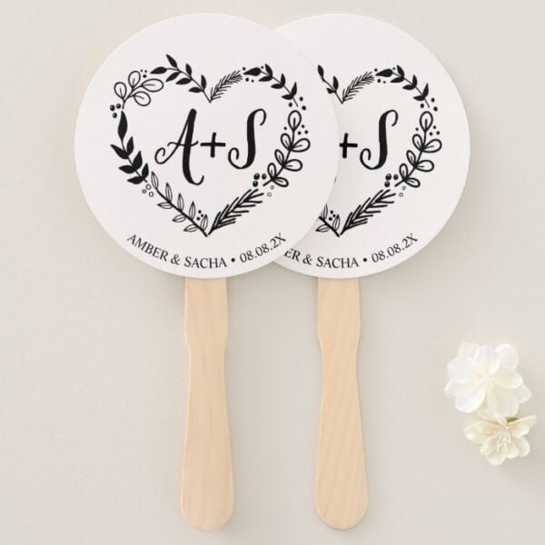 Custom Monogram Wedding Logo With Wreath Hand Fan