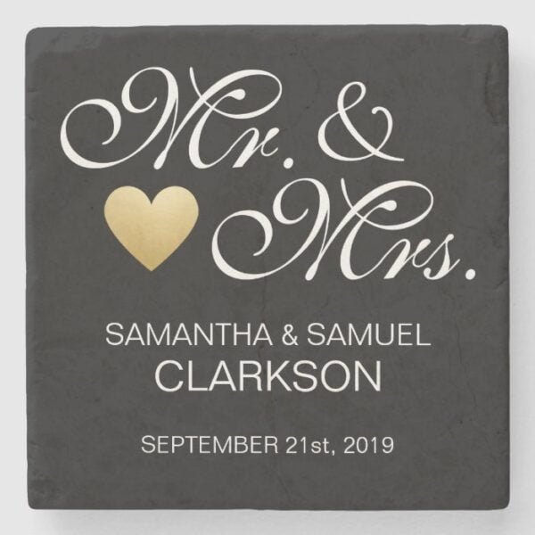 Custom MR. & MRS. White Black Heart Wedding Favors Stone Coaster