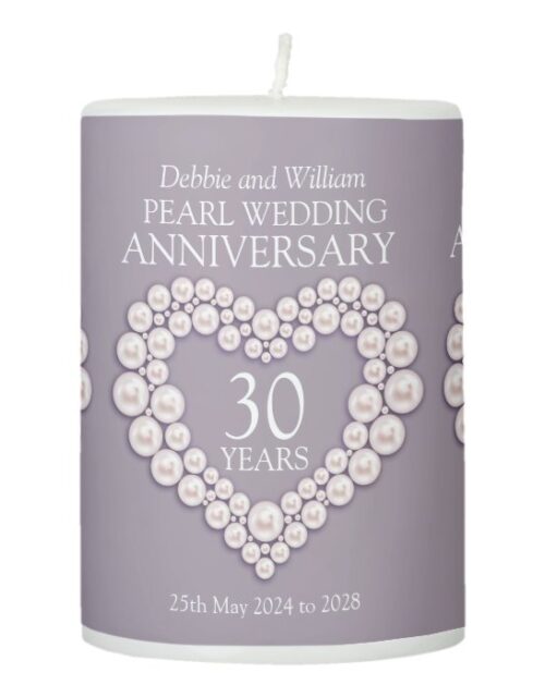 Custom name 30th pearl wedding anniversary pillar candle
