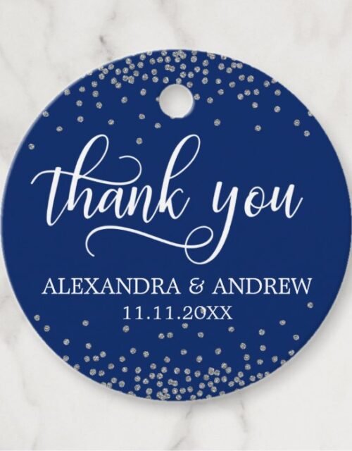 Custom Navy Blue Silver Confetti Wedding Thank You Favor Tags