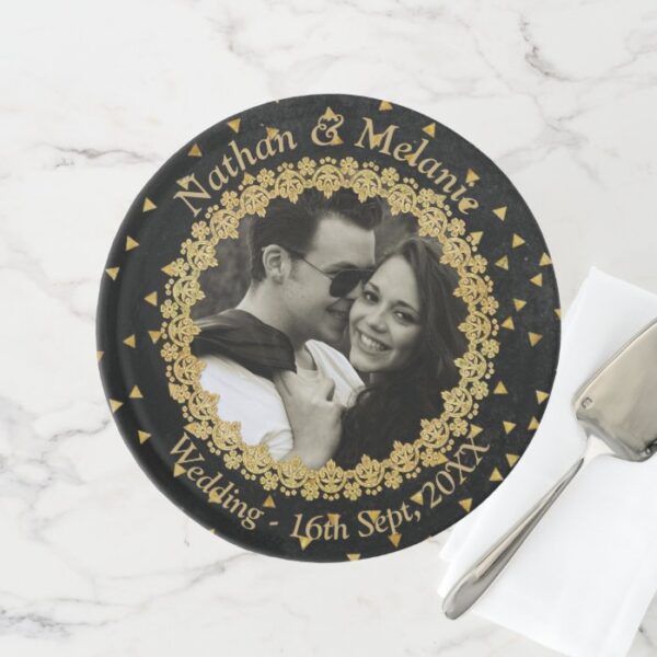 Custom Photo with Black and Gold Sparkles Cake Stand