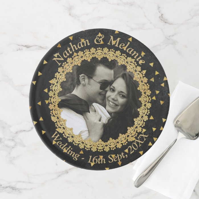 Custom Photo with Black and Gold Sparkles Cake Stand