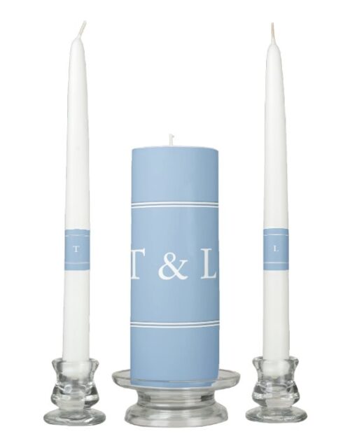 CUSTOM T L Airy Blue with White Wedding Detail Unity Candle Set