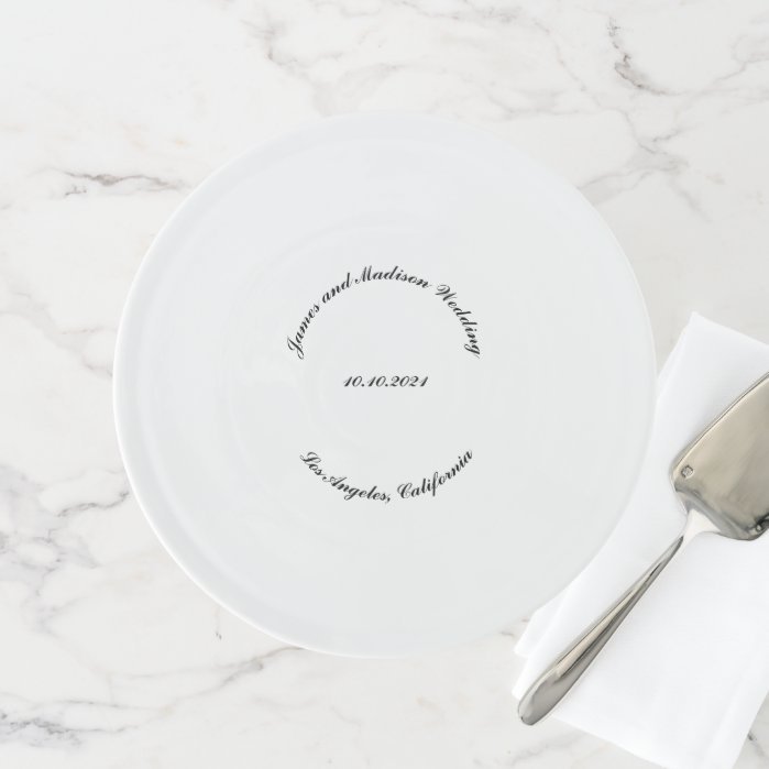 Customize Name, date black curved letters wedding Cake Stand