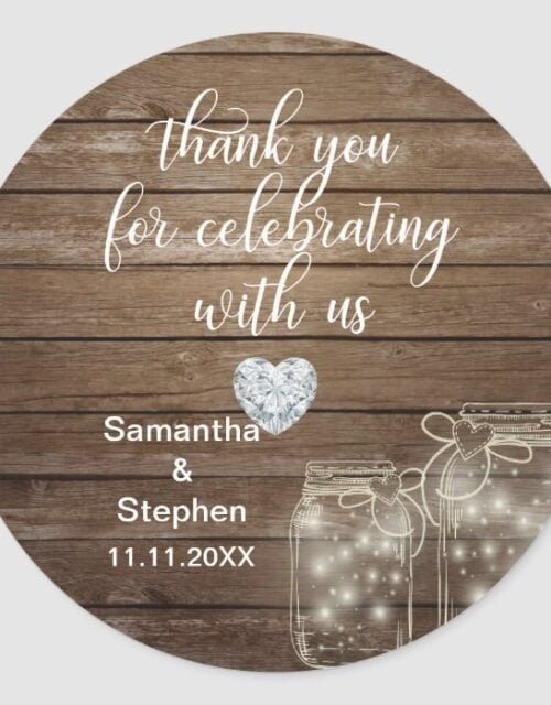 Customized Rustic Mason Jars Wood Hearts Wedding Classic Round Sticker