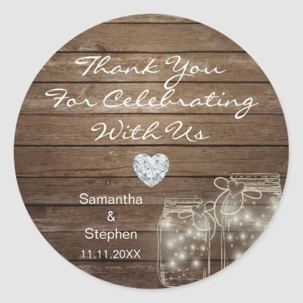 Customized Rustic Mason Jars Wood Hearts Wedding Classic Round Sticker