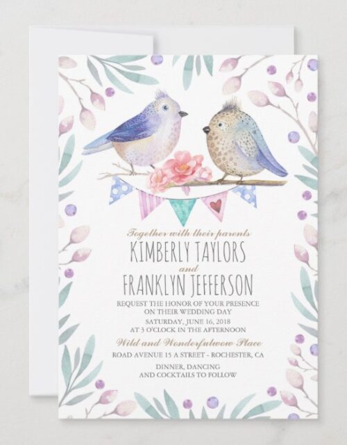 Cute Birds Couple Pink Floral Tree Wedding Invitation