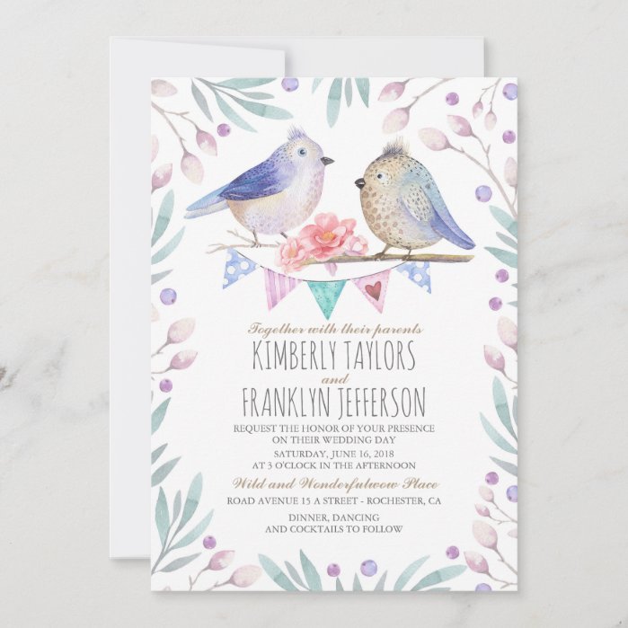 Cute Birds Couple Pink Floral Tree Wedding Invitation