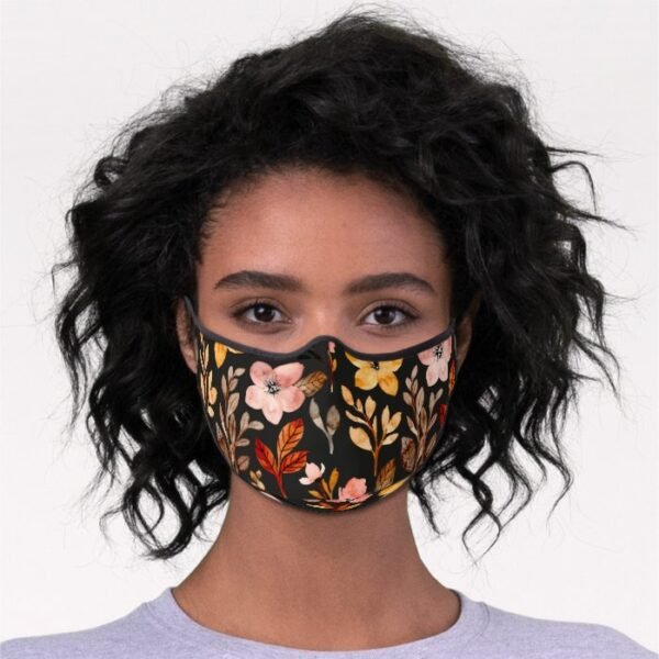 Cute Blush Pink Yellow Flowers Orange Leaves Black Premium Face Mask