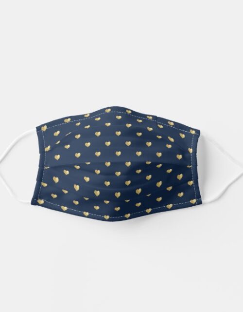 Cute Gold Hearts Polka Dot Pattern On Navy Blue Adult Cloth Face Mask