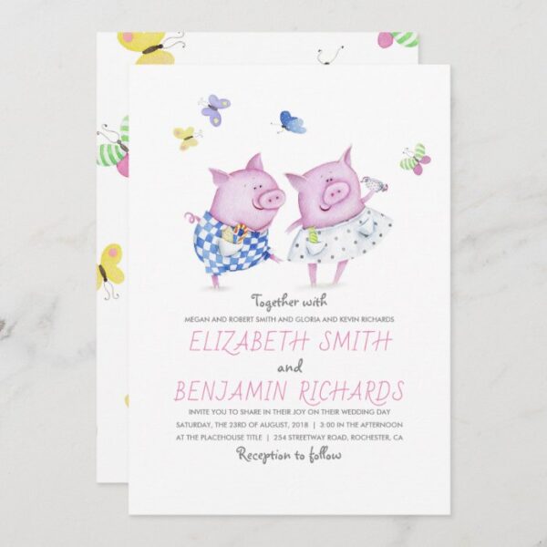 Cute Pigs Couple Elegant and Romantic Wedding Invitation