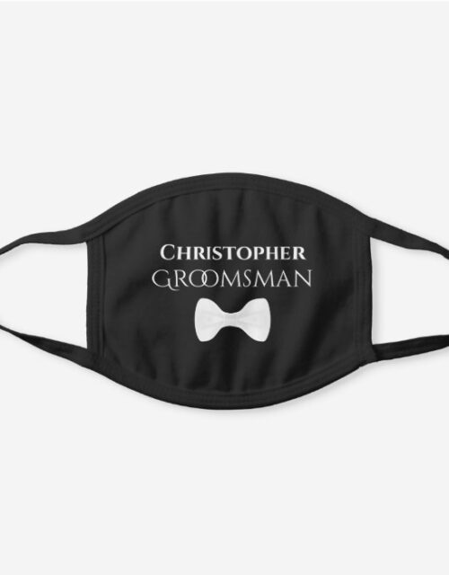 Cute White Tie Wedding Groomsman with Name Black Cotton Face Mask