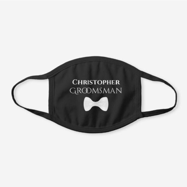 Cute White Tie Wedding Groomsman with Name Black Cotton Face Mask