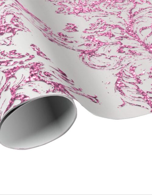 Damask Fuchsia Pink Metallic Gray Glitter Cottage Wrapping Paper
