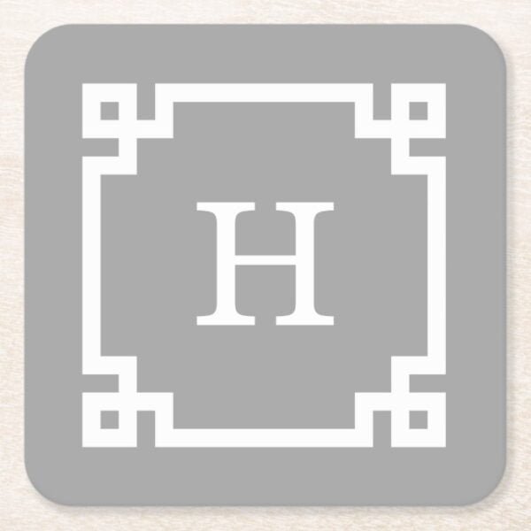Dark Gray Wht Greek Key Frame #2 Initial Monogram Square Paper Coaster
