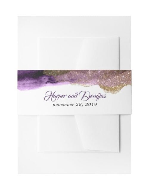 Dark Purple and Gold Glitter Modern Wedding Invitation Belly Band