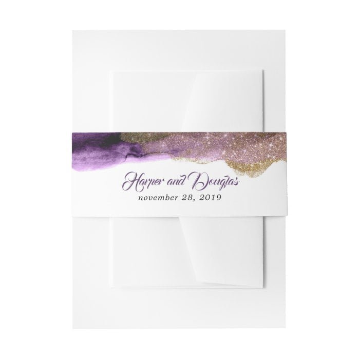 Dark Purple and Gold Glitter Modern Wedding Invitation Belly Band
