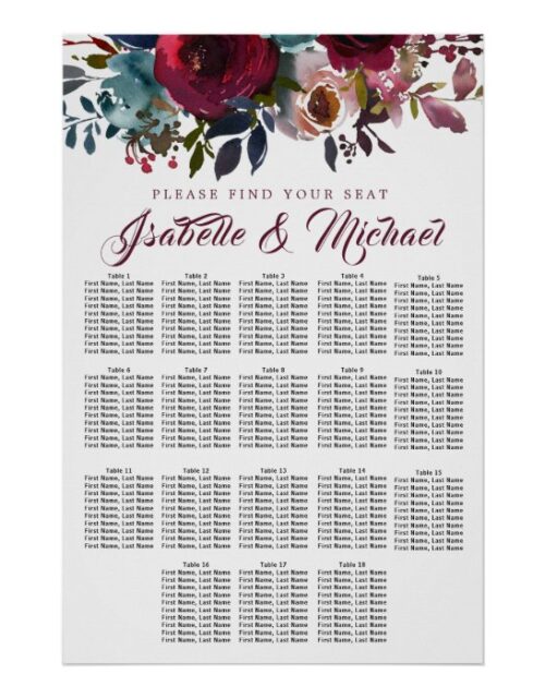 Dark Red Floral 18-Table Wedding Seating Chart