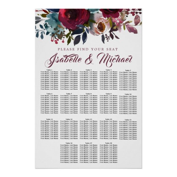 Dark Red Floral 18-Table Wedding Seating Chart