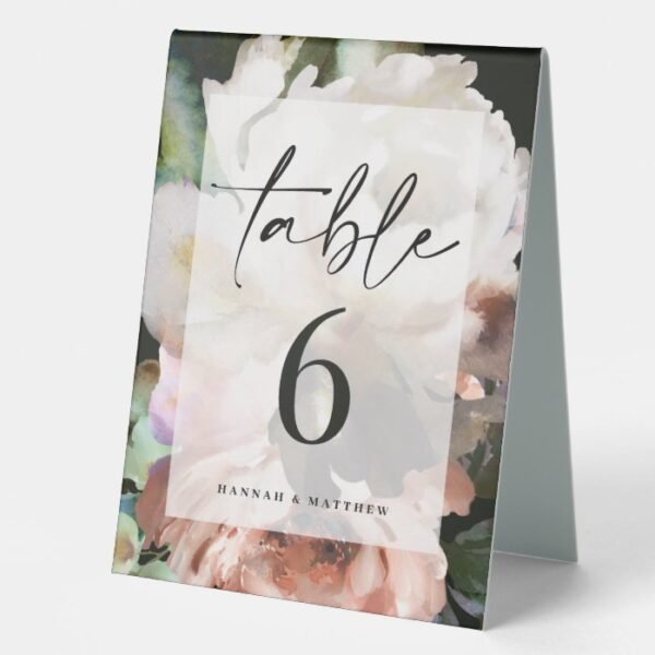 Dark romantic moody floral table number table tent sign