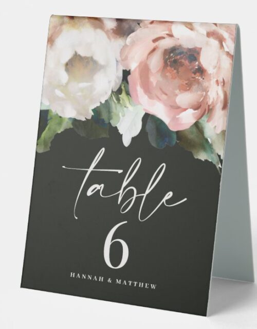 Dark romantic moody floral table number table tent sign