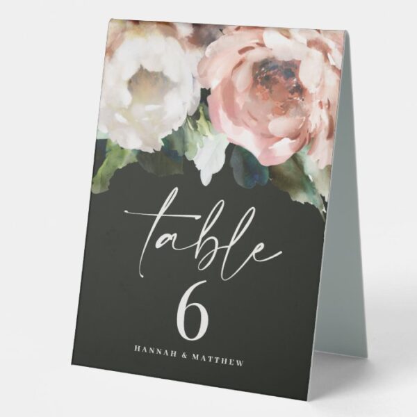 Dark romantic moody floral table number table tent sign