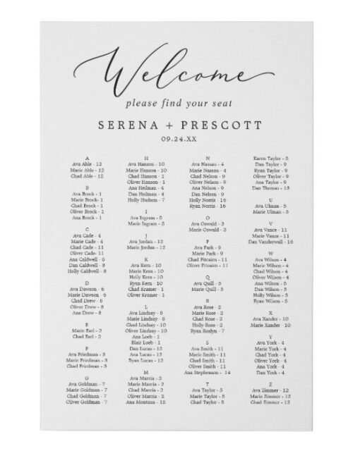 Delicate Calligraphy Alphabetical Seating Chart Faux Canvas Print