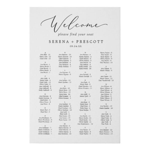 Delicate Calligraphy Alphabetical Seating Chart Faux Canvas Print