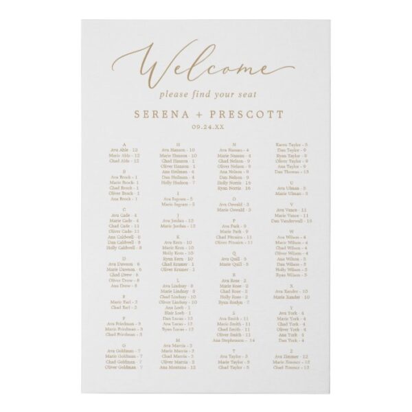 Delicate Gold Calligraphy Alphabetical Seating Faux Canvas Print