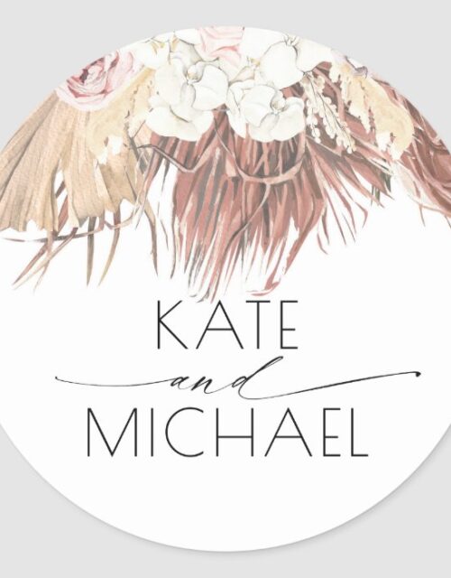 Dried Palm Leaf and White Orchid Tropical Wedding Classic Round Sticker