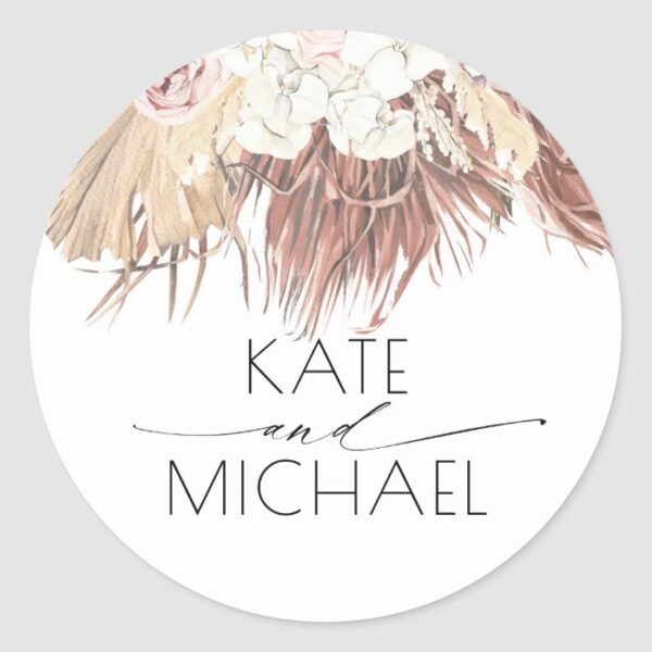 Dried Palm Leaf and White Orchid Tropical Wedding Classic Round Sticker