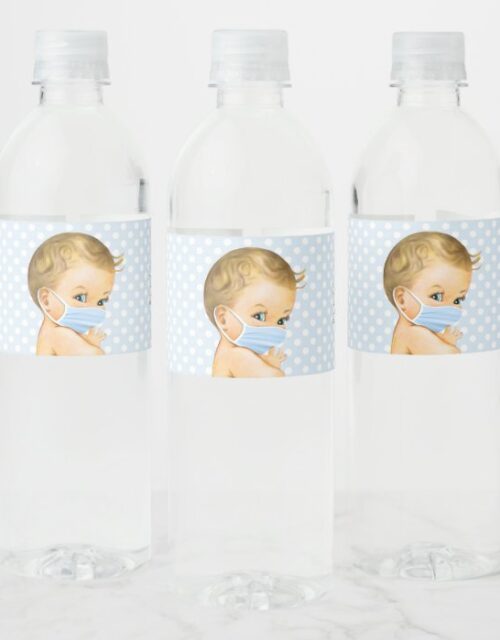 Drive By Baby Shower Baby Boy Wearing Mask Water Bottle Label