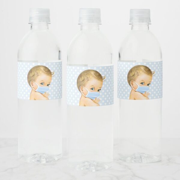Drive By Baby Shower Baby Boy Wearing Mask Water Bottle Label