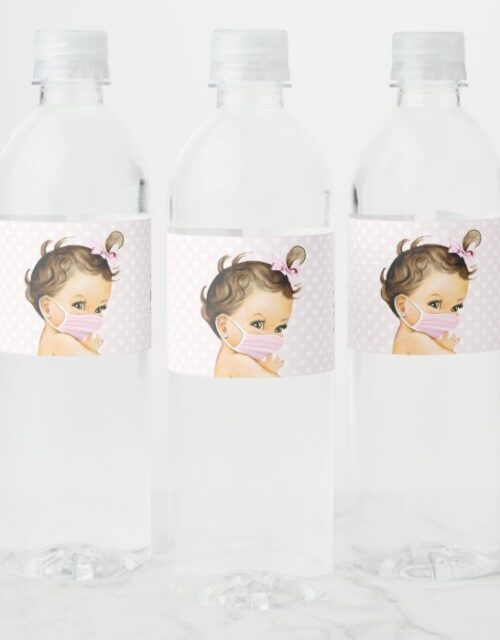 Drive By Baby Shower Baby Girl With Mask Water Bottle Label