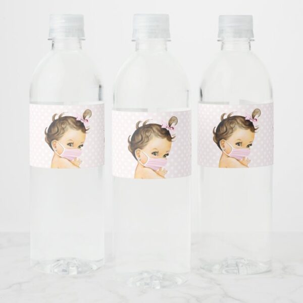 Drive By Baby Shower Baby Girl With Mask Water Bottle Label