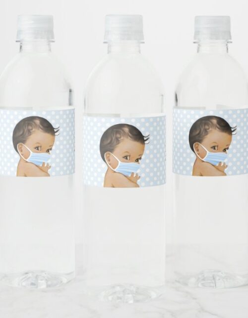 Drive By Baby Shower Ethnic Baby Boy With Mask Water Bottle Label