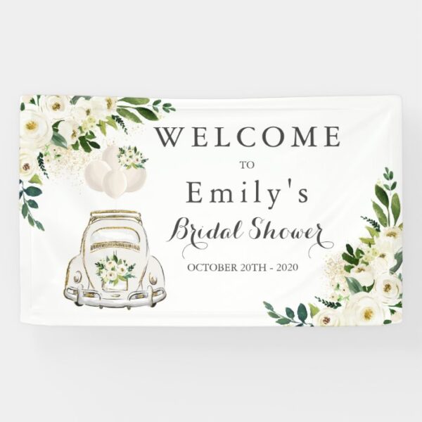 Drive By Bridal Shower White Floral Banner