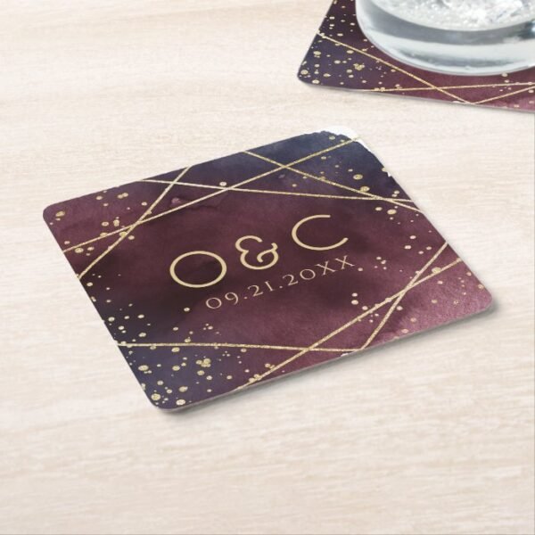 Dusk Watercolor Geometric Modern Wedding Square Paper Coaster