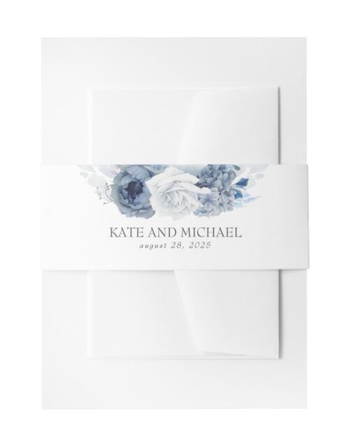 Dusty And Navy Blue Floral Wedding Invitation Belly Band