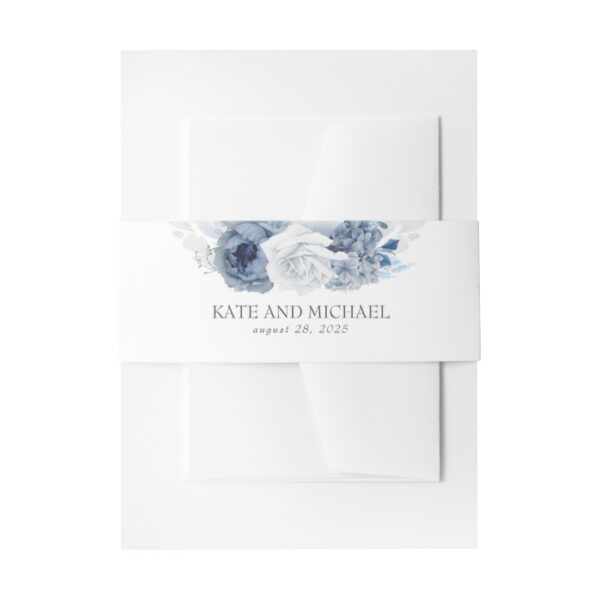 Dusty And Navy Blue Floral Wedding Invitation Belly Band