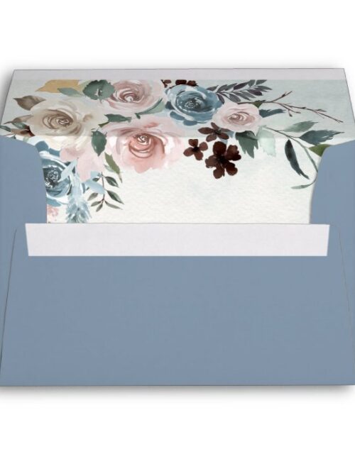 Dusty Blue and Blush Pink Mauve Floral Wedding Envelope