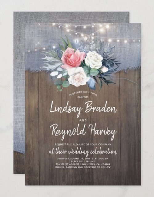Dusty Blue and Blush Rustic Country Wedding Invitation