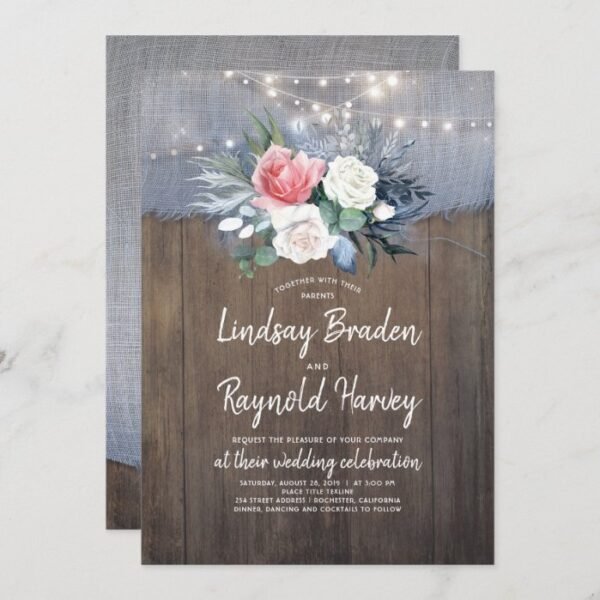 Dusty Blue and Blush Rustic Country Wedding Invitation