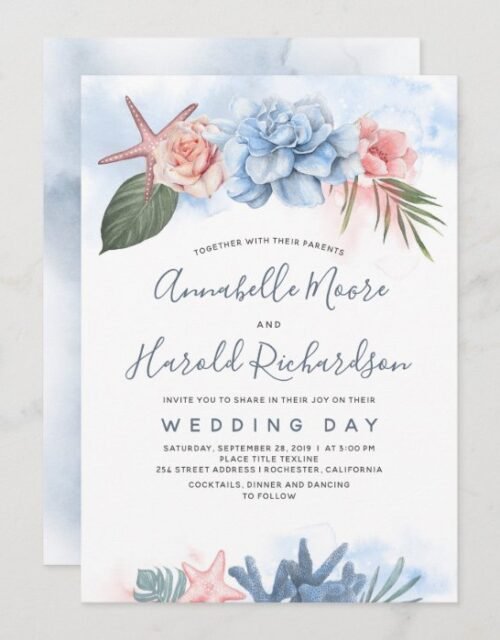 Dusty Blue and Blush Tropical Beach Wedding Invitation