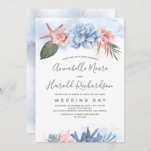 Dusty Blue and Blush Tropical Beach Wedding Invitation