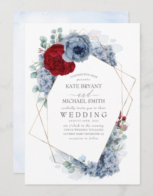 Dusty Blue and Burgundy Red Floral Elegant Wedding Invitation