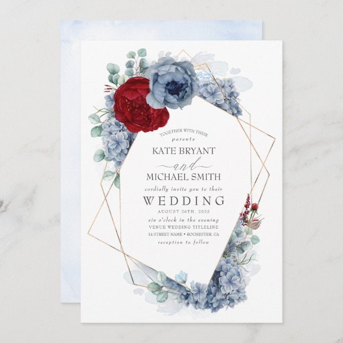 Dusty Blue and Burgundy Red Floral Elegant Wedding Invitation